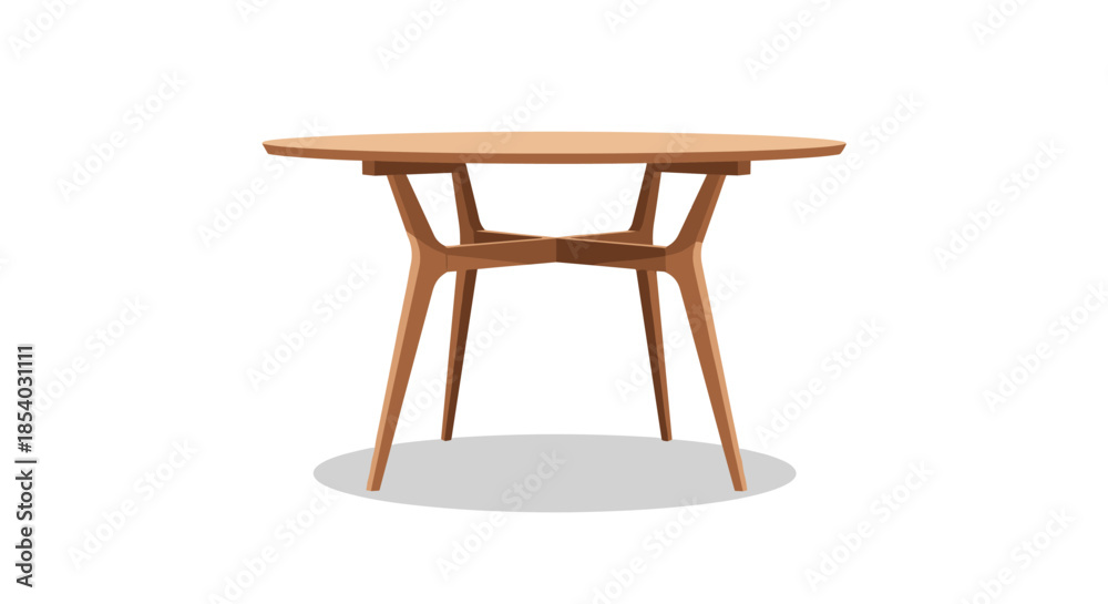 Fototapeta premium Round mid-century modern wooden dining table with four tapered legs and interlocking support structure on white background.