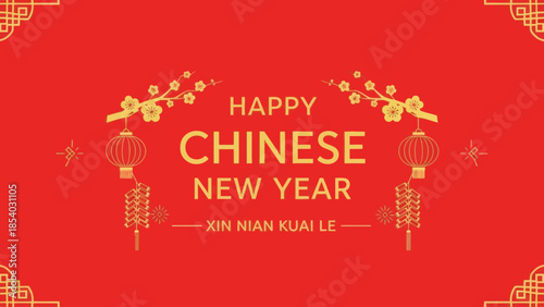 Festive red background celebration for Chinese New Year with traditional lanterns and floral motifs