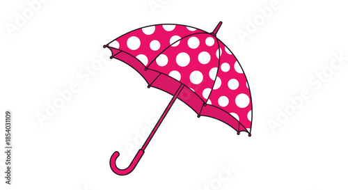 Pink and white polka dot umbrella open and angled as if shielding from rain against a plain white background for simple display.