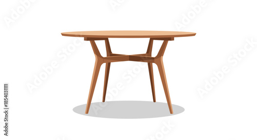 Round mid-century modern wooden dining table with four tapered legs and interlocking support structure on white background.