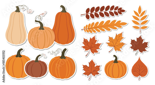 Autumn harvest sticker set featuring various shapes of orange pumpkins and a variety of colorful falling leaves in earth tones.