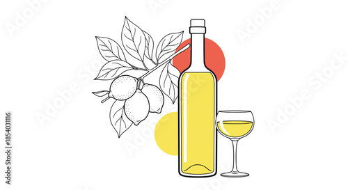 Lemon liqueur bottle with a glass of yellow drink and a branch of fresh lemons featuring colorful abstract shapes in background.