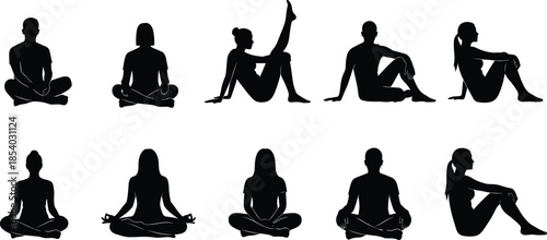 Yoga meditation silhouette set with male female stretching seated poses fitness mindfulness black white vector illustration collection design