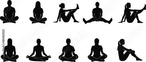 Yoga meditation pose silhouette set with male female stretching exercise mindfulness fitness black white vector illustration collection design