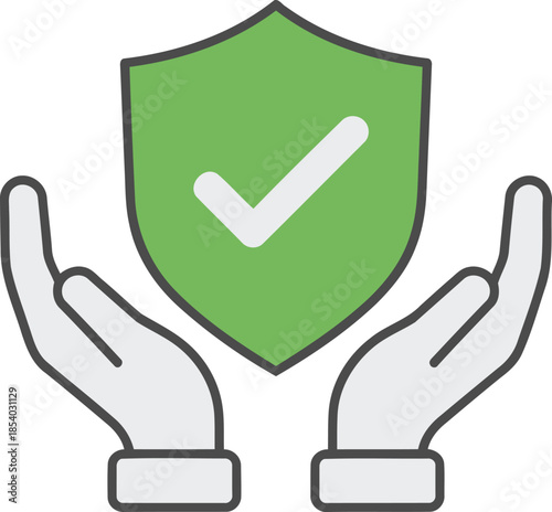 Human hands carefully presenting a green security shield with a successful checkmark