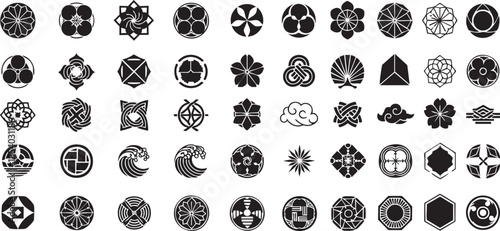 Japanese Kamon Family Crest Set – Traditional Monotone Emblem and Seal Collection