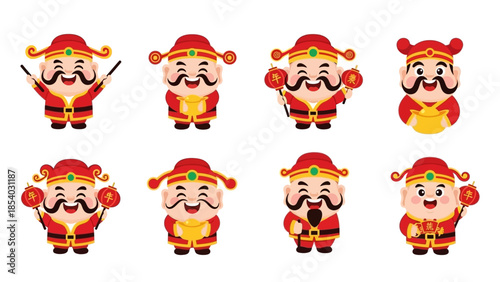 Set of eight cute cartoon gods of wealth and prosperity characters.