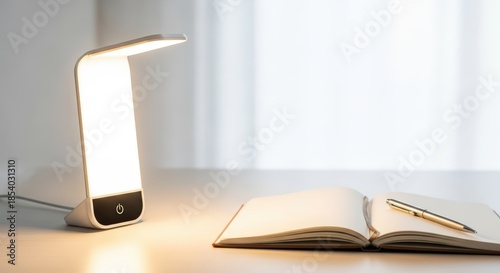 Bright light therapy lamp on wooden desk with open notebook and pen. Seasonal affective disorder treatment and wellness concept.