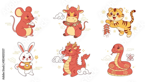 Cute Chinese Zodiac Animals Collection Mouse Ox Tiger Rabbit Dragon and Snake Illustrations.