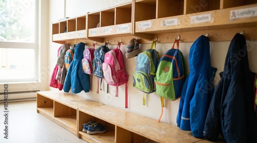 A row of wooden cubbies and hooks holding children's backpacks and coats in a bright corridor. Shoes are stored on bench shelves beneath the hooks near a window.