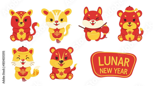 Cute Lunar New Year Tigers and Cats Celebrating the Holiday.