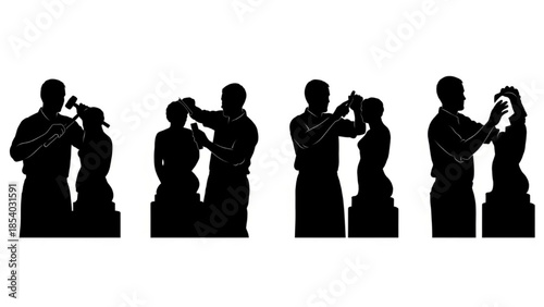 Black Sculptor Silhouette Vector Showing Chiseling Sanding Inspecting and Cleaning Finish Poses