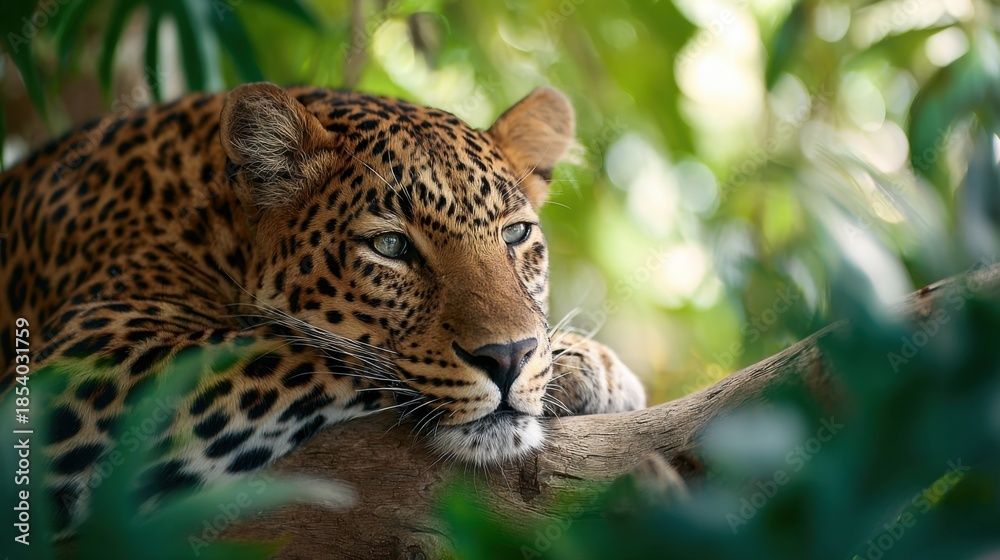 Fototapeta premium A majestic leopard resting on a branch, with a lush blurry background of vibrant green tropical leaves. Shallow depth of field 