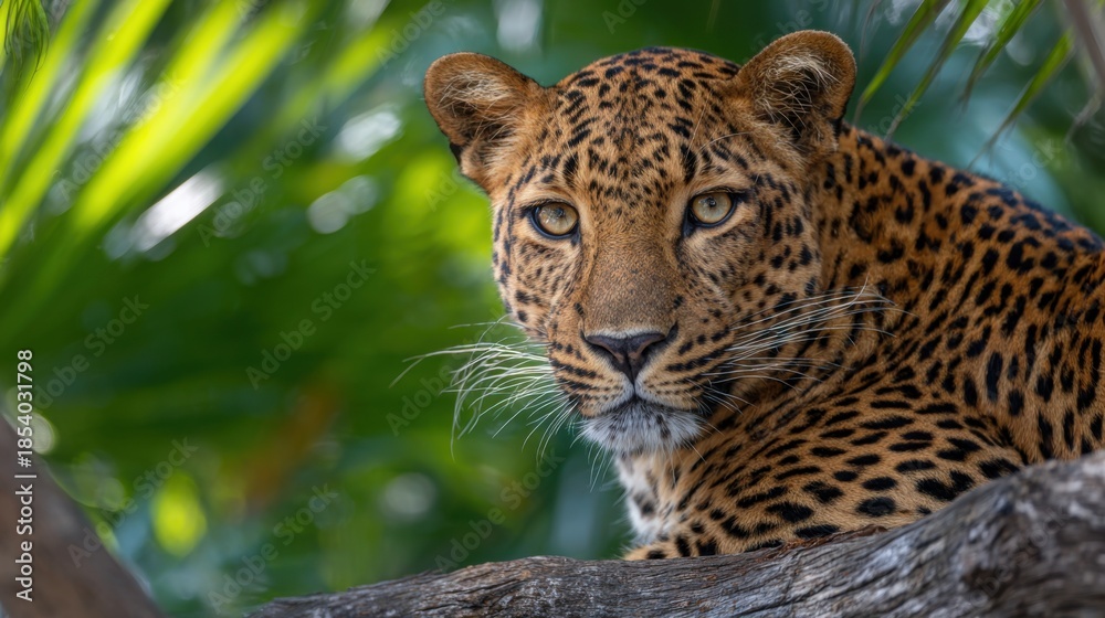 Fototapeta premium A majestic leopard resting on a branch, with a lush blurry background of vibrant green tropical leaves. Shallow depth of field