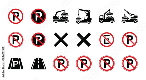 Collection of 'No Parking' signs and tow away zone icons, including the prohibited 'P' symbol and a tow truck lifting a car.