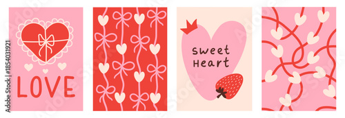 Set of vertical Valentine' s Day cards in hand drawn style. Template for cads, branding, banner, cover, label, poster. Vector illustration