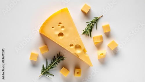 Wallpaper Mural Gourmet Swiss Cheese Wedge with Holes and Cubes Decorated with Fresh Rosemary Sprigs Isolated on White Background Torontodigital.ca