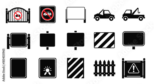 Black silhouette icon set of various barriers, signs, and vehicles related to restricted parking and no-entry zones.