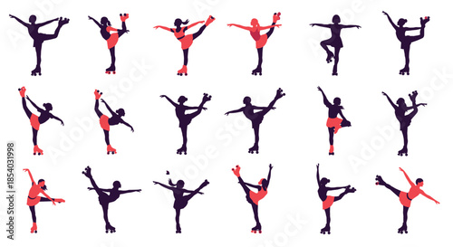 Energetic set of female roller skater silhouettes in athletic and dancing poses, showcasing balance and flexibility with purple and red colors.