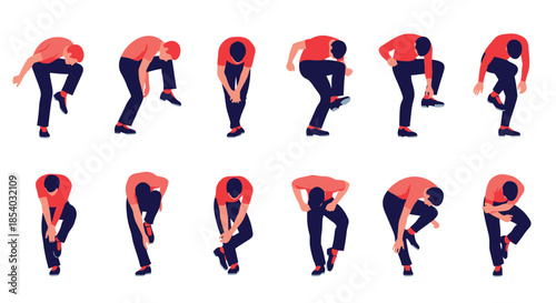 Vector illustration set showing a man in a red shirt bending over to tie his shoelaces or adjust his shoes in various poses.