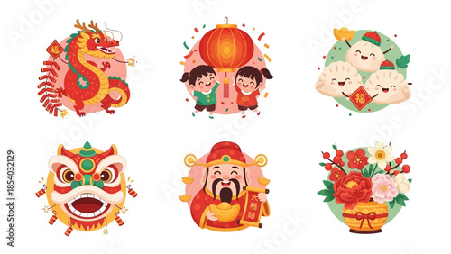 Chinese New Year Icons Featuring Dragon Lion God of Wealth and Children.