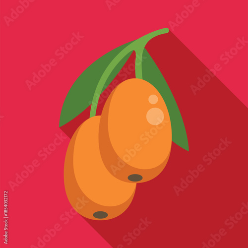 Sea buckthorn berries with green leaves on a red background, featuring a long shadow