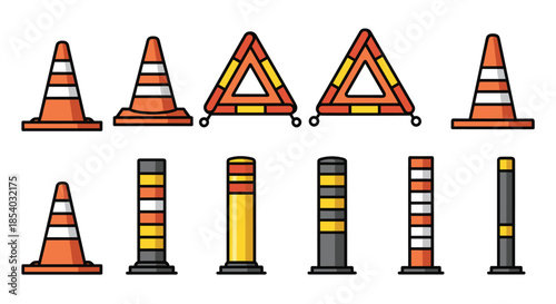 Set of road safety equipment including various traffic cones, bollards, and emergency warning triangles in a colorful outlined icon style.