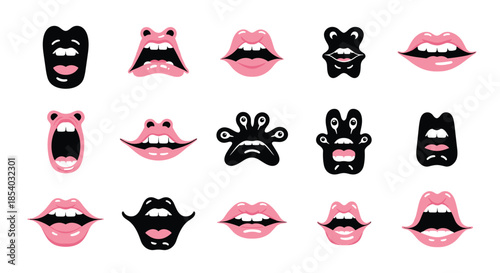 Creative set of cartoon mouths and lips showing various expressions, including human-like pink lips and monstrous black alien mouths.