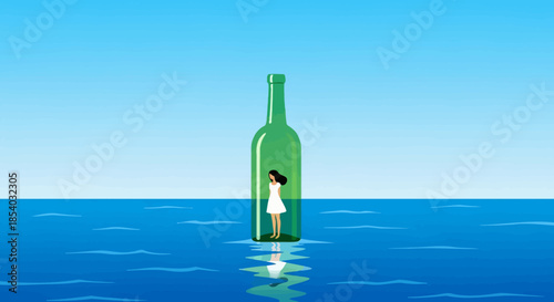 Bottle Floating in Ocean Concept