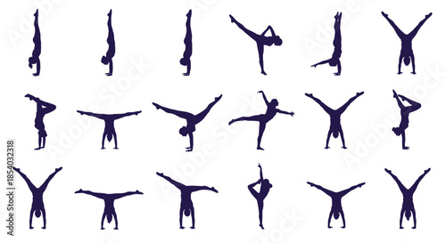 Collection of dark blue silhouettes demonstrating various handstand poses and gymnastic balances, showcasing strength, control, and flexibility.