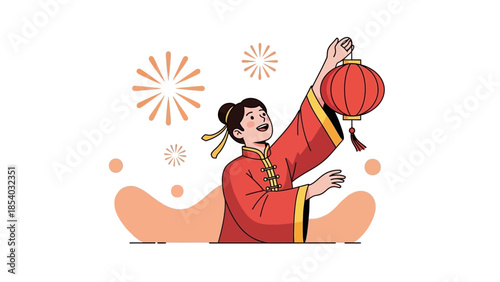 Woman in traditional Chinese clothing holding a red lantern.