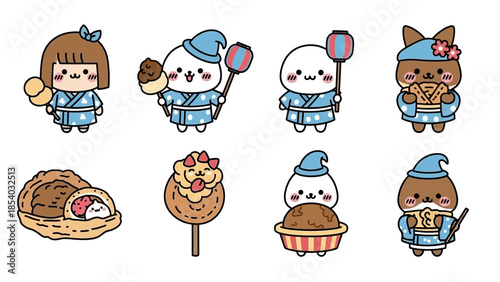 Adorable Cartoon Characters Enjoying Japanese Festival Treats and Activities.