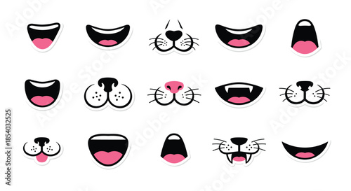 Adorable sticker set of cartoon animal mouths and noses, including cute cat whiskers, smiling dog mouths, and vampire fangs for kids.