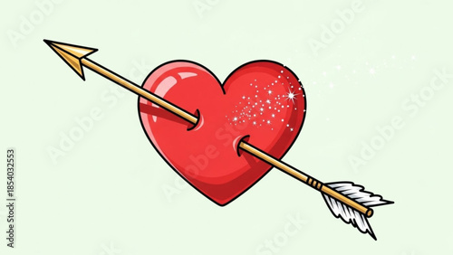 Red heart pierced by an arrow with sparkles on a pale green background, valentines day symbol, love and romance illustration