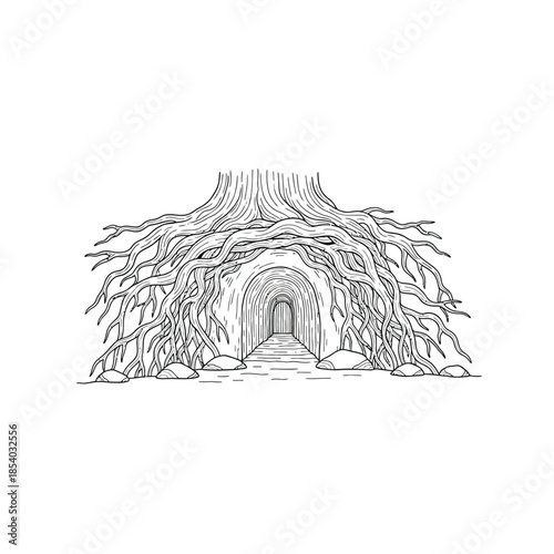 Mysterious portal concealed by ancient tree roots in monochrome style