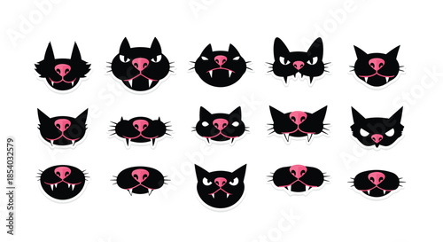 Fierce sticker collection of black cat faces and muzzles with pink noses and sharp white fangs, showing aggressive and scary expressions.
