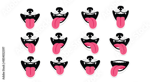 Playful set of cartoon dog mouths with tongues sticking out, perfect for creating happy and silly animal character expressions as stickers.