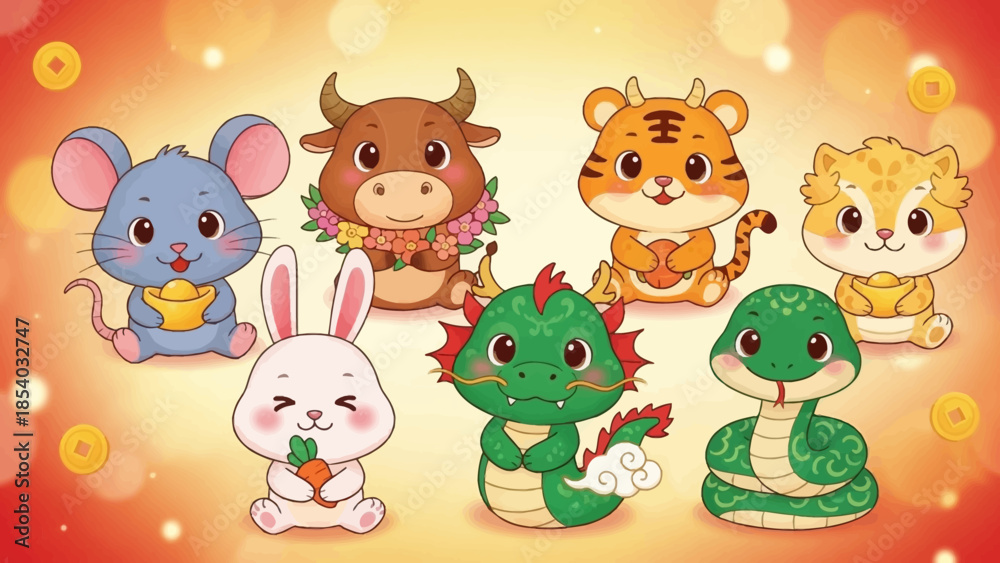 Fototapeta premium Cute Cartoon Chinese Zodiac Animals Collection.