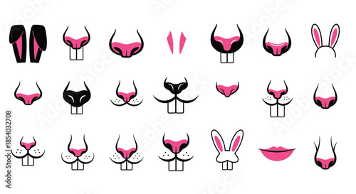 Creative DIY kit for making rabbit faces, featuring various bunny ears, noses, buck teeth, and whiskers for Easter or party masks.