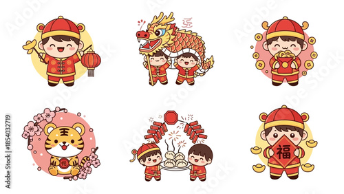 Set of cute cartoon characters celebrating Chinese New Year with traditional costumes and festive elements.