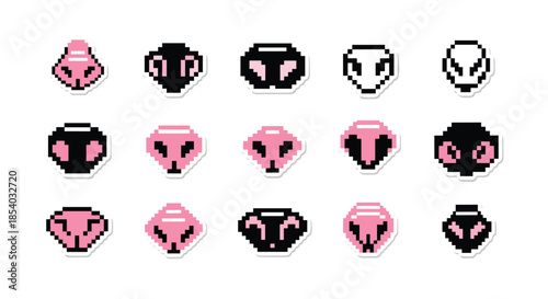 Pixel art sticker collection of stylized animal or monster noses in a retro 8-bit gaming style with black and pink color options.