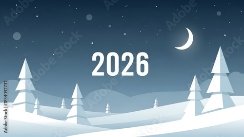 Winter landscape with snow covered trees and moonlit night sky with stars and 2026