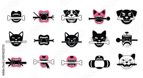 Humorous sticker set of cat and dog faces and mouths biting or holding various objects like bones, sticks, and pipes.