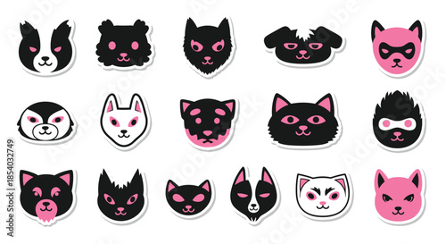 Edgy and cool sticker set of cat and dog heads wearing superhero masks, showcasing a modern, tough-guy graphic novel art style.