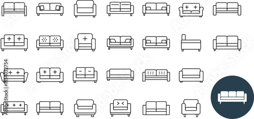 Sofa and couch line icon set featuring living room seating furniture, modern and classic designs, home interior elements and minimal outline illustrations