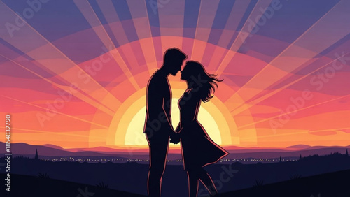 Couple kissing at sunset with cityscape in the background, romantic landscape illustration