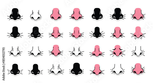 Large, diverse collection of cat noses with whiskers in various styles, including simple outlines, silhouettes, and pink colored versions.