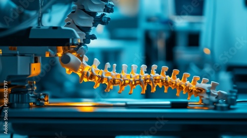 Intricate model of a human spine under study in a laboratory setting. This image captures the details of spinal anatomy. A tool for education and research. Generative AI