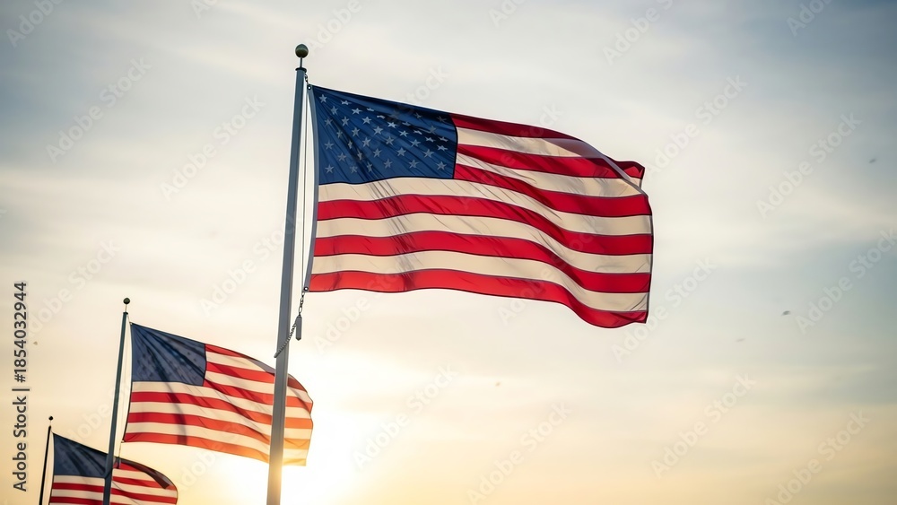 Obraz premium American flags waving against a sunset sky