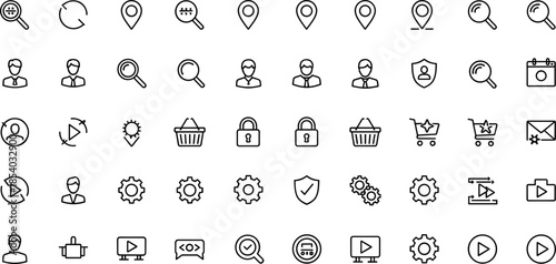 User interface and navigation line icon set featuring search, location pins, profiles, security locks, shopping actions, media controls and system settings